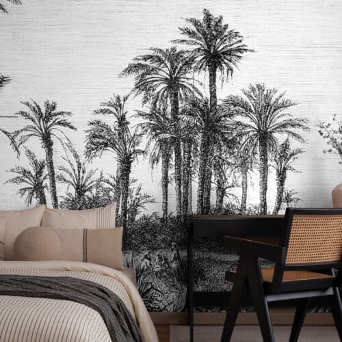 Naadloos fotobehang zwart-wit palmprint met klassiek gravure-effect en natuurlijke interieurstyling