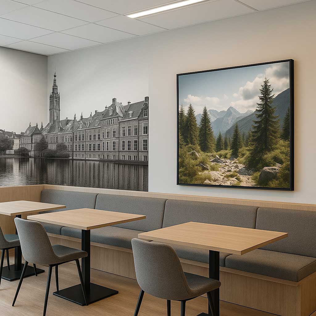 Sfeervolle lunchruimte met akoestische panelen en een botanisch ontwerp op textielframe aan de muur.