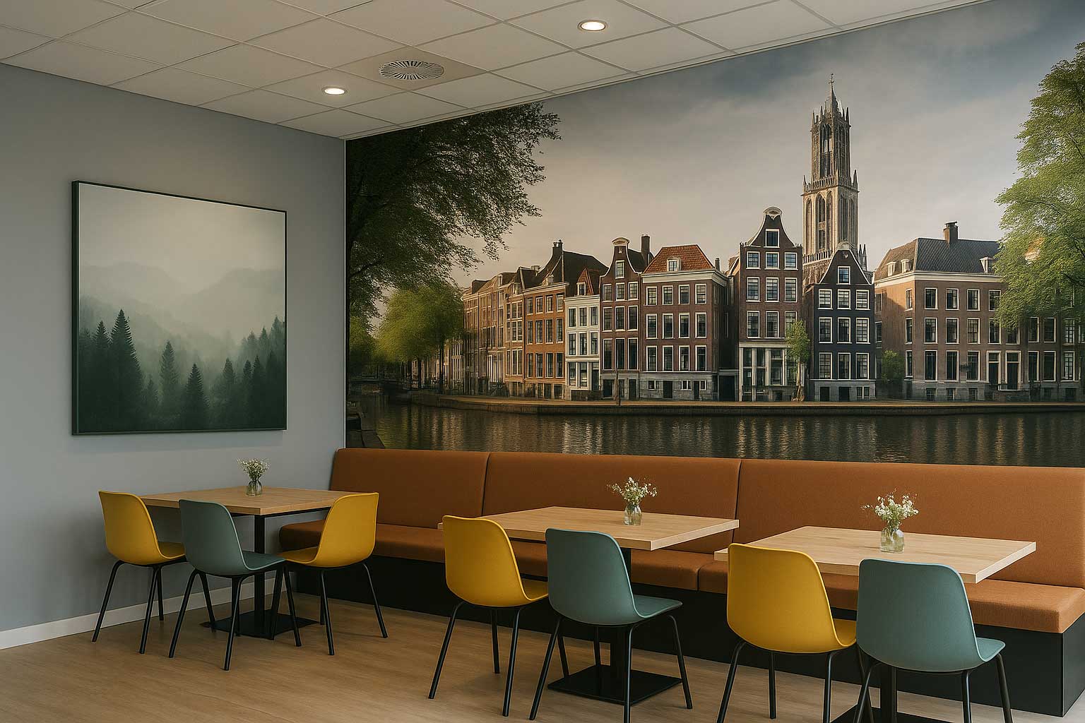 Moderne bedrijfskantine met skyline van een Nederlandse stad als fotobehang en akoestisch textielframe met een natuurprint.