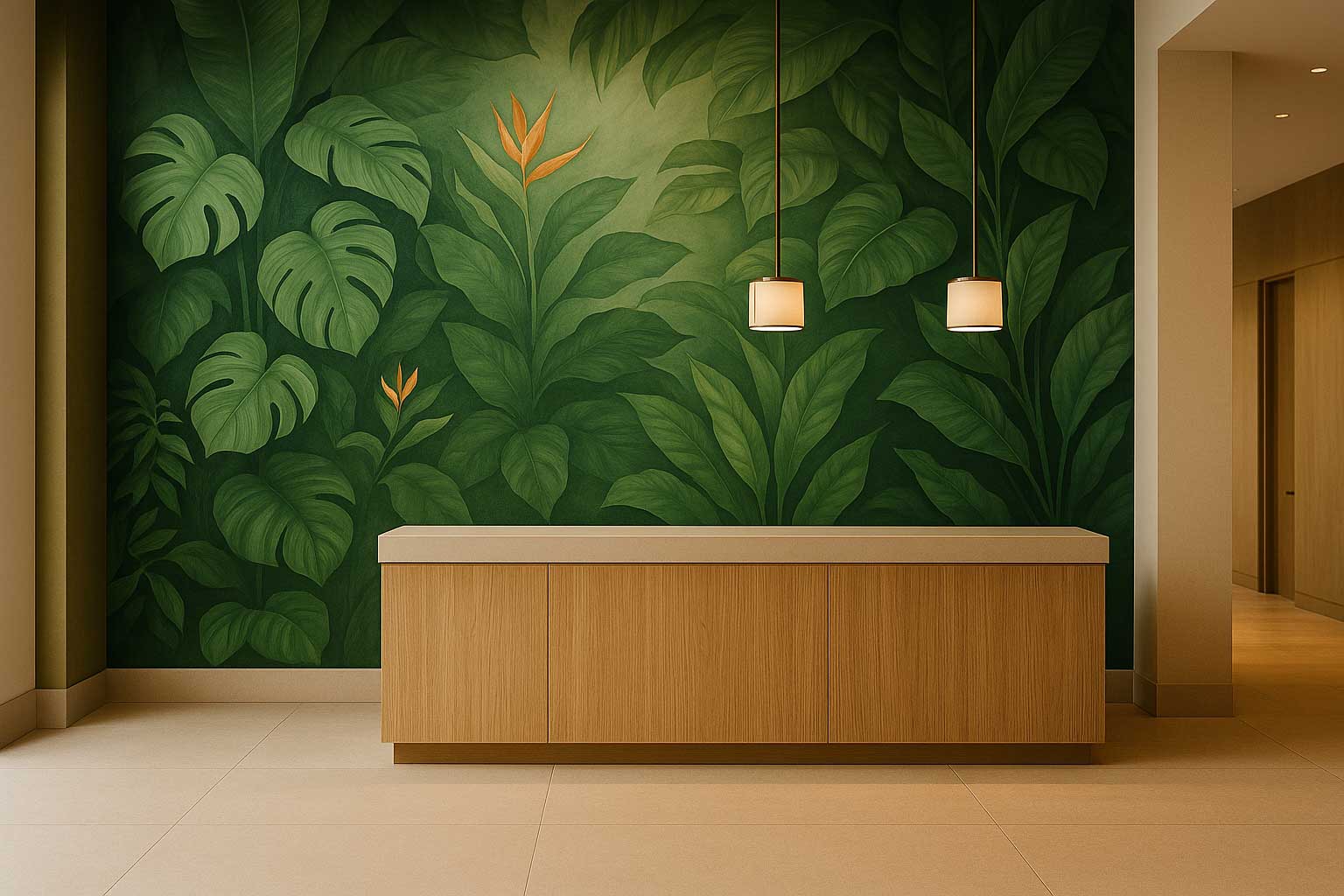 Kantoorinterieur met liggend fotobehang waarin visuele storytelling en bedrijfskleuren centraal staan voor een sterke merkbeleving.