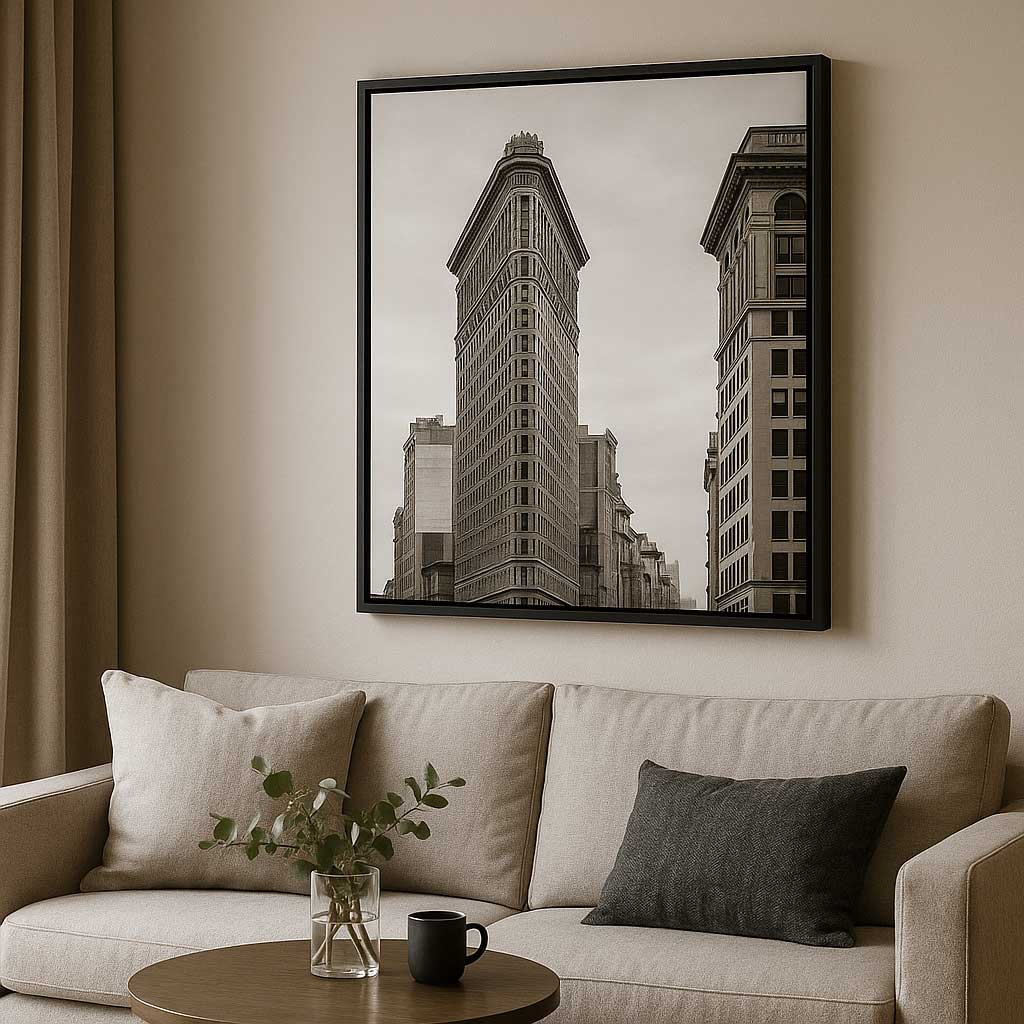 Modern interieur met een zwart-wit paneel in baklijst aan de muur, in een rustige en stijlvolle woonkamer met natuurlijke tinten.