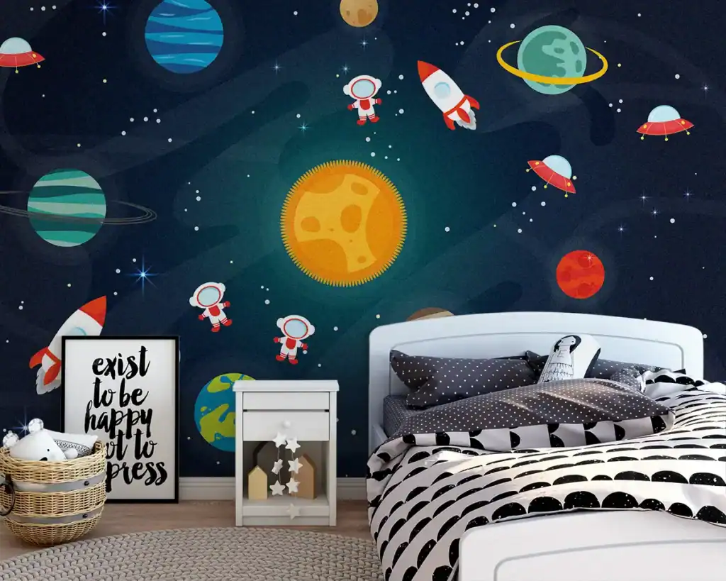Kinderkamer fotobehang planeten met raket in de ruimte